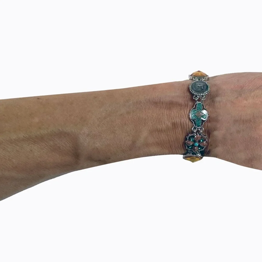 Vintage Napier Silver Multicolor Enamel Bracelet Floral Motif Toggle Retro Charm